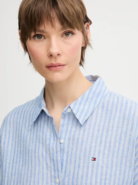 Tommy Hilfiger koszula lniana damska kolor niebieski relaxed z kołnierzykiem klasycznym WW0WW46169