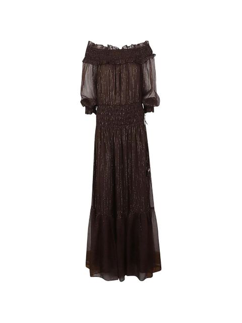 Self-Portrait Georgette metallic-thread shirred maxi dress - Brown - zdjęcie produktu nr 1