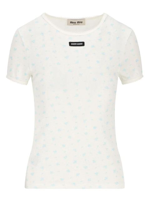Miu Miu logo patch floral print T-shirt - Neutrals - zdjęcie produktu nr 1