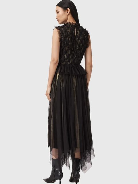 AllSaints sukienka kolor czarny midi rozkloszowana W186DD