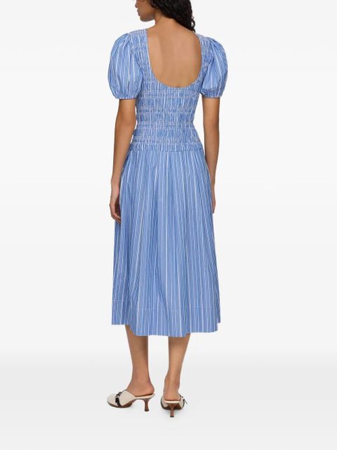 GANNI striped smocked-waist dress - Blue