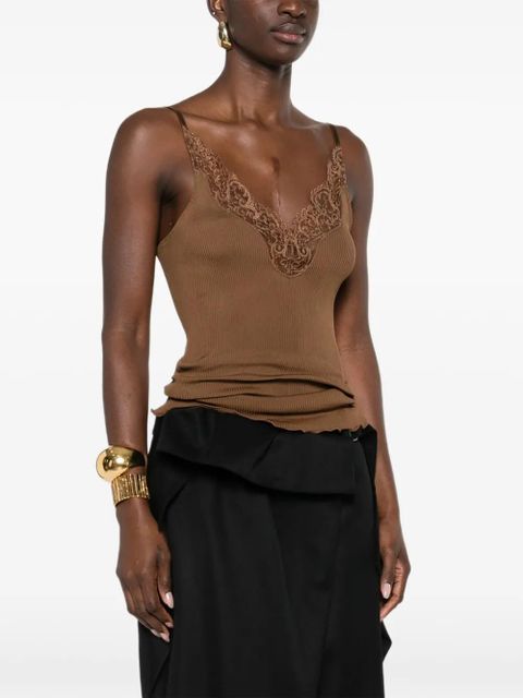 Saint Laurent lace-panel V-neck top - Brown