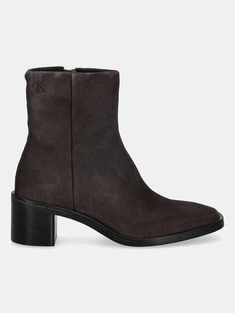 Calvin Klein botki zamszowe BLOCK HEEL ZIP BOOT SUE damskie kolor brązowy na słupku HW0HW02592