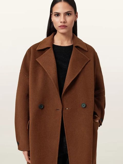 AllSaints płaszcz z dodatkiem wełny SELLMA kolor brązowy W019OD