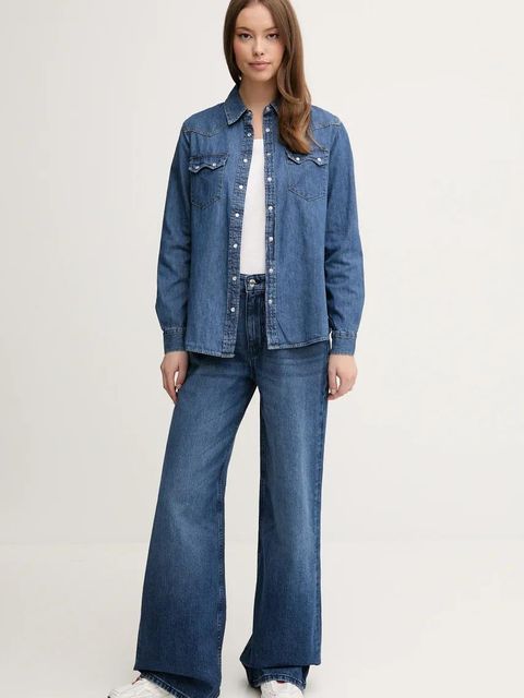 United Colors of Benetton koszula jeansowa damska kolor niebieski regular z kołnierzykiem klasycznym - zdjęcie produktu nr 2