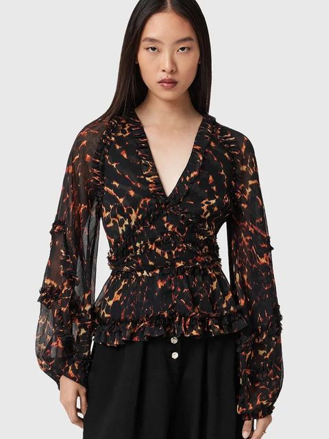 AllSaints bluzka damska kolor brązowy wzorzysta W052PD - zdjęcie produktu nr 1