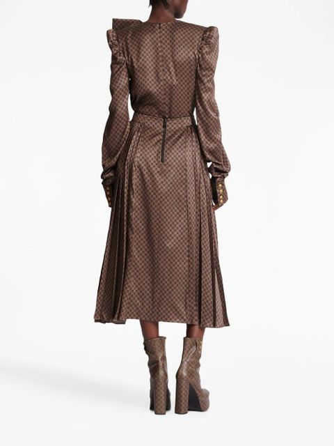 Balmain monogram-print pleated midi skirt - Brown