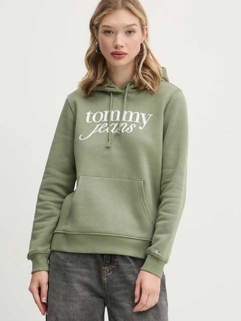 Tommy Jeans bluza damska kolor zielony z kapturem z nadrukiem DW0DW20170
