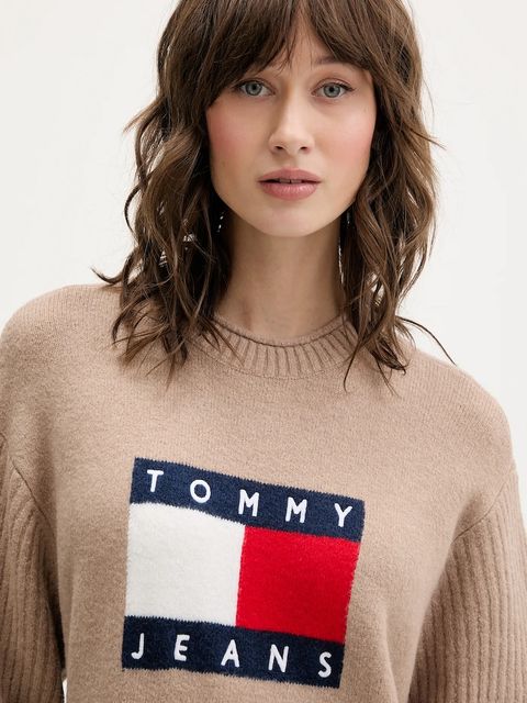 Tommy Jeans sukienka z domieszką wełny kolor beżowy mini oversize DW0DW21462