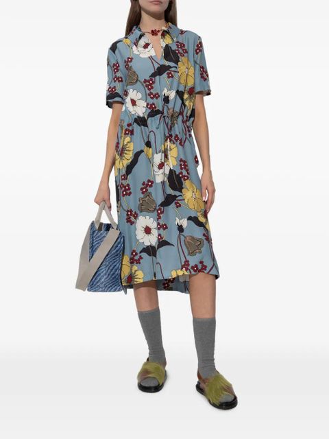 Marni floral-print drawstring midi dress - Blue