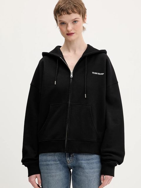 Guess Jeans bluza bawełniana damska kolor czarny z kapturem gładka W6RQ32 K68I4 - zdjęcie produktu nr 1