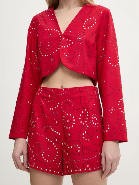 Never Fully Dressed szorty Gem damskie kolor czerwony z aplikacją high waist NFDTR423 - zdjęcie produktu nr 1