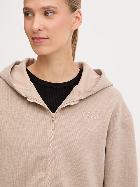 Guess bluza z domieszką wełny MURIEL damska kolor beżowy z kapturem z aplikacją V5BQ17 KCX52