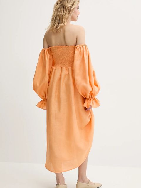 The Sleeper sukienka lniana kolor pomarańczowy midi rozkloszowana ATDR01P014R