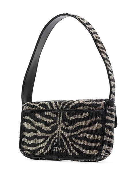 STAUD Tommy beaded-zebra pattern shoulder bag - Black