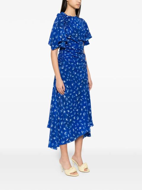 Victoria Beckham floral-print smocked asymmetric dress - Blue