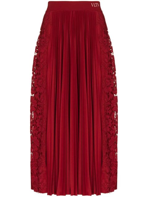Valentino Garavani floral-lace pleated midi skirt - Red