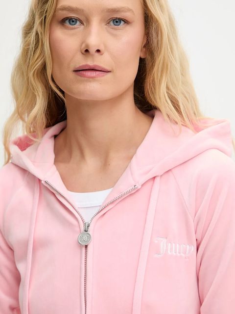 Juicy Couture bluza VELOUR CROPPED STRIPE HOODIE damska kolor różowy z kapturem z aplikacją JCWAS225351