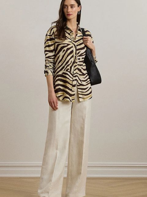 Lauren Ralph Lauren koszula lniana damska kolor beżowy regular z kołnierzykiem klasycznym 200970776