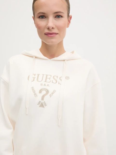 Guess bluza ROBERTA damska kolor beżowy z kapturem z aplikacją V5RQ11 KC3D2