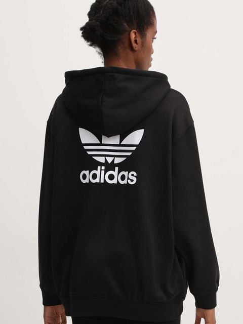 adidas Originals bluza Trefoil Hoodie damska kolor czarny z kapturem z nadrukiem IU2409