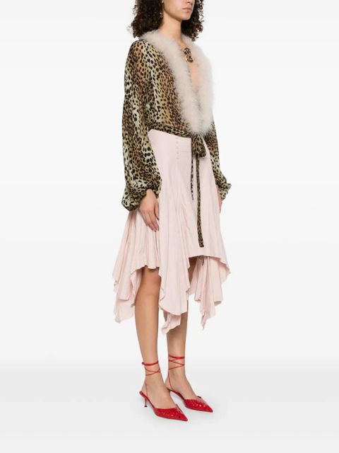 Blumarine leopard-print feather-trim blouse - Brown