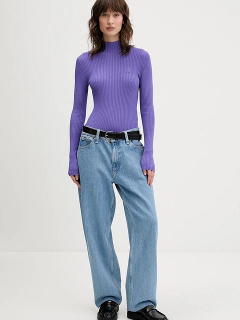 Hugo Blue sweter damski kolor fioletowy lekki z półgolfem 50522578