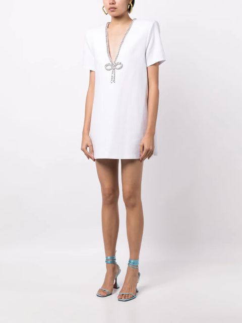 AREA crystal-embellished V-neck mini dress - White
