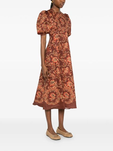 ALEMAIS Seraphina puff-sleeve floral midi dress - Brown
