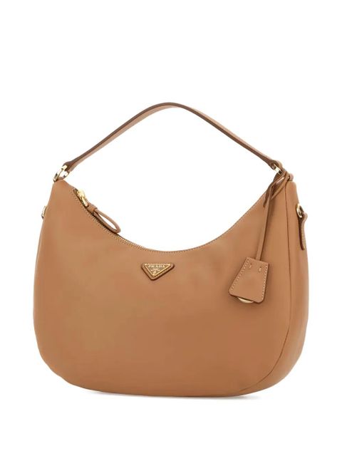 Prada logo-patch leather shoulder bag - Brown