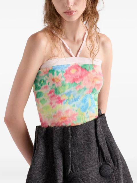 Prada floral-print triangle-logo top - Green