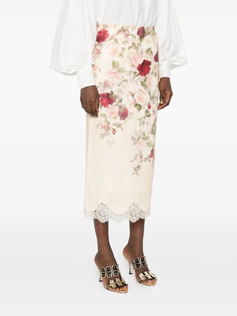 ZIMMERMANN floral-print lace-trimmed skirt - Neutrals