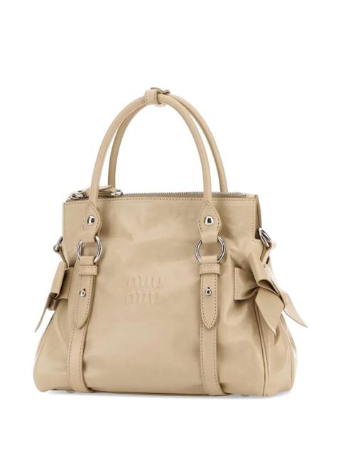 Miu Miu bow-detail logo-embossed leather tote bag - Neutrals