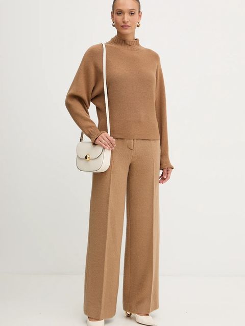 Luisa Spagnoli spodnie wełniane damskie kolor beżowy szerokie high waist 542647 - zdjęcie produktu nr 2