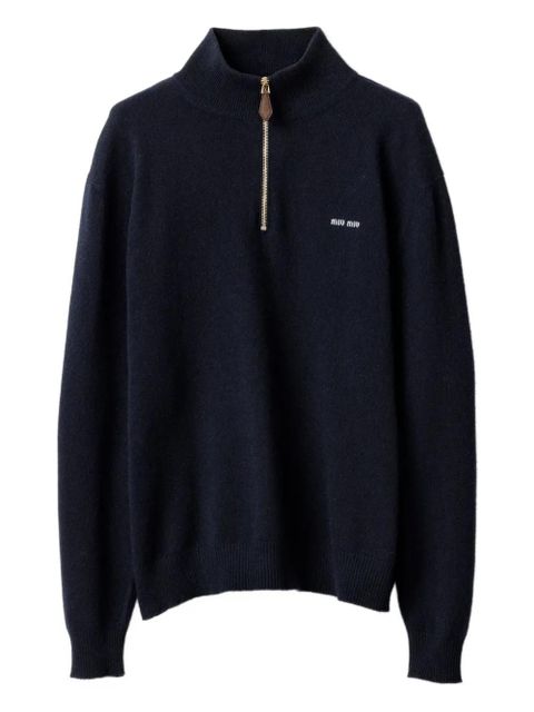 Miu Miu suede-patch half-zip sweater - Blue - zdjęcie produktu nr 1