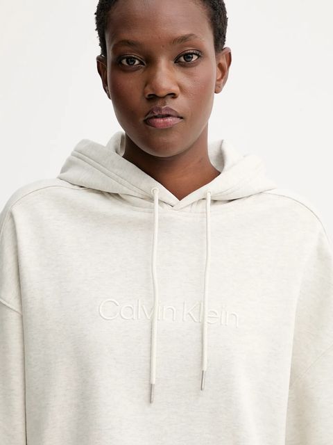 Calvin Klein bluza bawełniana damska kolor beżowy z kapturem z aplikacją LV044C210G