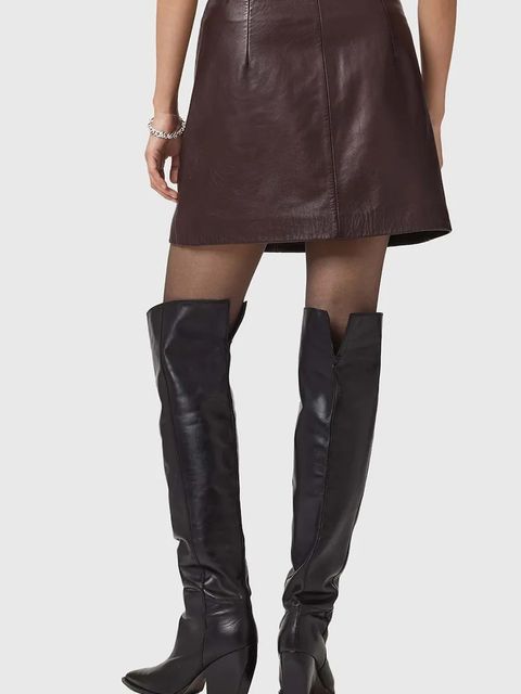 AllSaints spódnica skórzana RENAI kolor bordowy mini rozkloszowana W020RB