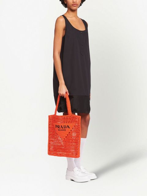 Prada triangle-logo crochet raffia tote bag - Orange
