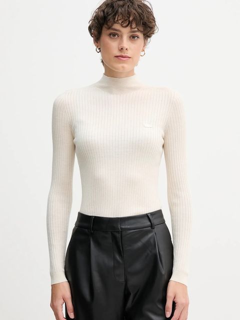 Lacoste sweter wełniany damski kolor beżowy lekki z półgolfem AF4189