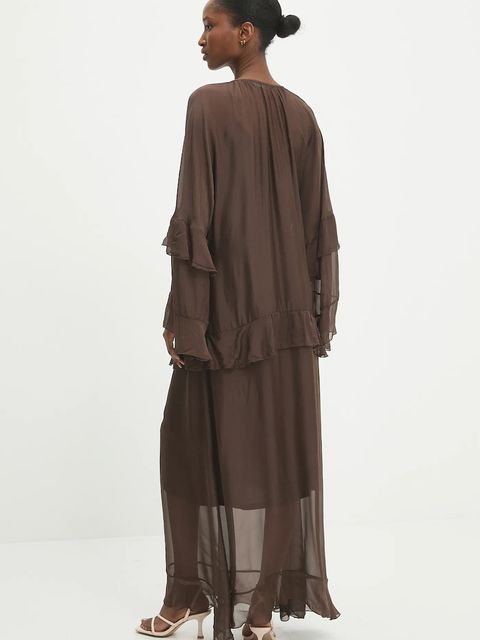 Answear.LAB sukienka z jedwabiem kolor brązowy maxi rozkloszowana