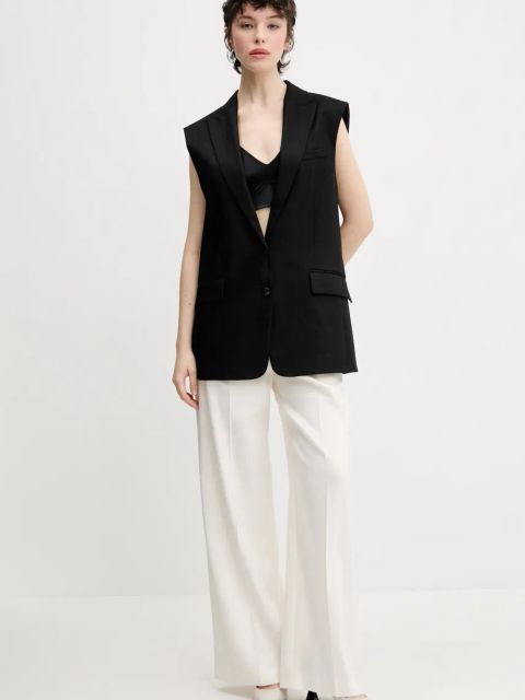 HUGO kamizelka lniana kolor czarny jednorzędowa 50537621