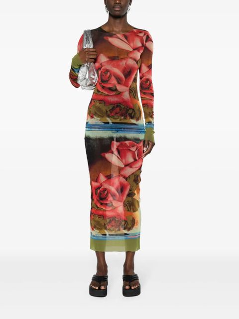 Jean Paul Gaultier rose-print mesh midi dress - Green - zdjęcie produktu nr 2