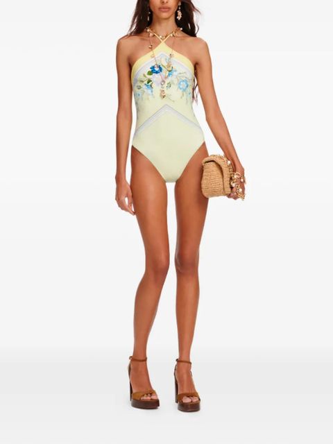 Self-Portrait floral-print halterneck swimsuit - Yellow