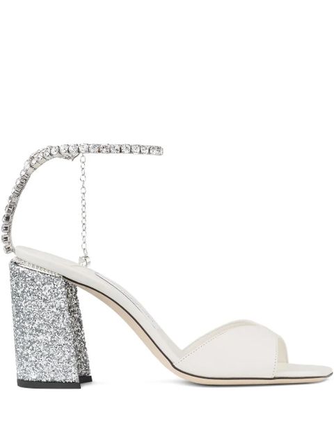 Jimmy Choo 85mm Saeda crystal-embellished glitter-heel sandals - White