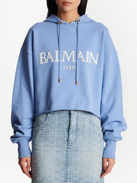 Balmain Roman-rubber-logo-cropped-hoodie - Blue