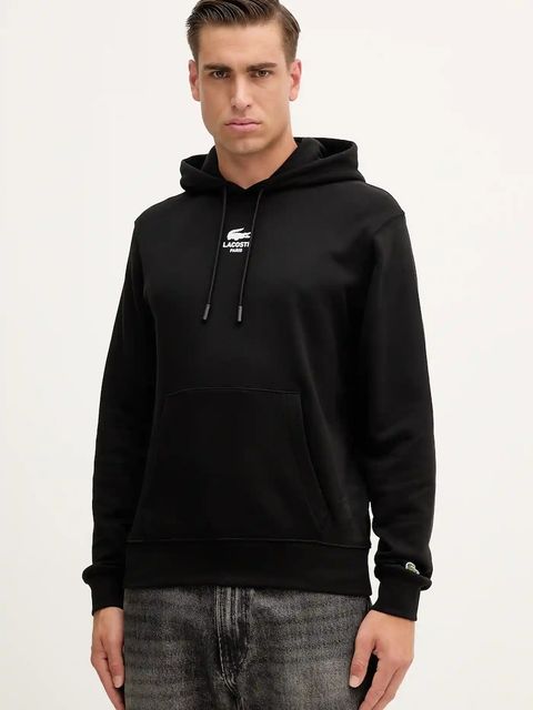 Lacoste bluza bawełniana kolor czarny z kapturem z nadrukiem SH2740