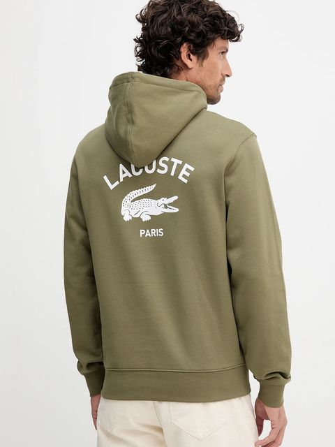 Lacoste bluza bawełniana kolor zielony z kapturem z nadrukiem SH2740