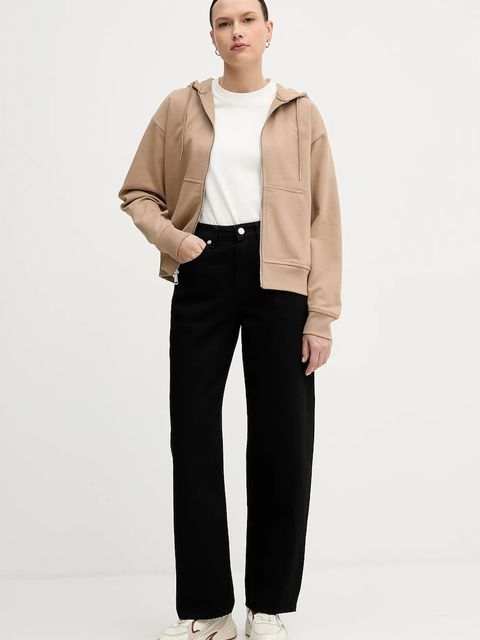 Calvin Klein Jeans bluza damska kolor brązowy z kapturem gładka LV047B237G