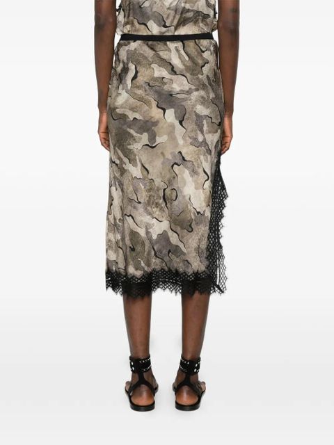 PINKO camouflage-print lace-trim midi skirt - Neutrals