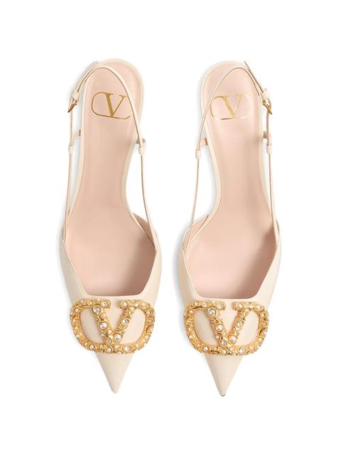 Valentino Garavani VLogo Signature slingback calfskin pumps with jewel logo 80mm - Neutrals